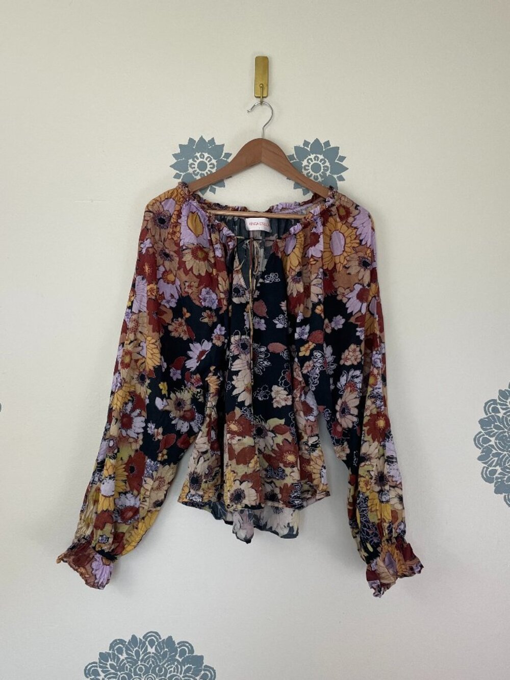 Kinga Csilla Floral Cotton Long Sleeve Boho Peasant Top Size Large